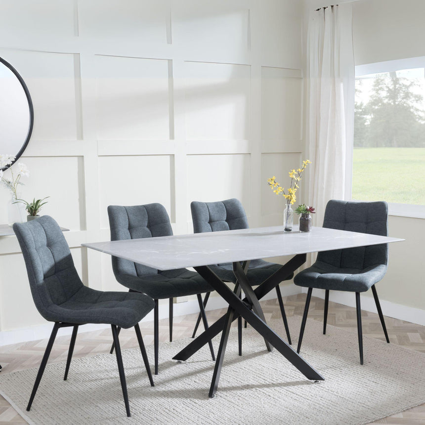 Chopstick Grey Glass and Black Metal Dining Set - Corona Light Grey Fabric Chairs-7