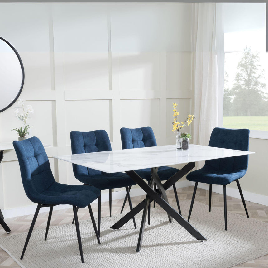 Chopstick White Glass and Black Metal Dining Set - Corona Blue Fabric Chairs-4