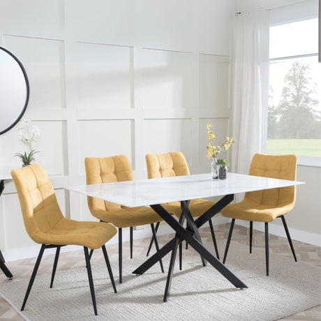 Chopstick White Glass and Black Metal Dining Set - Corona Yellow Fabric Chairs-5