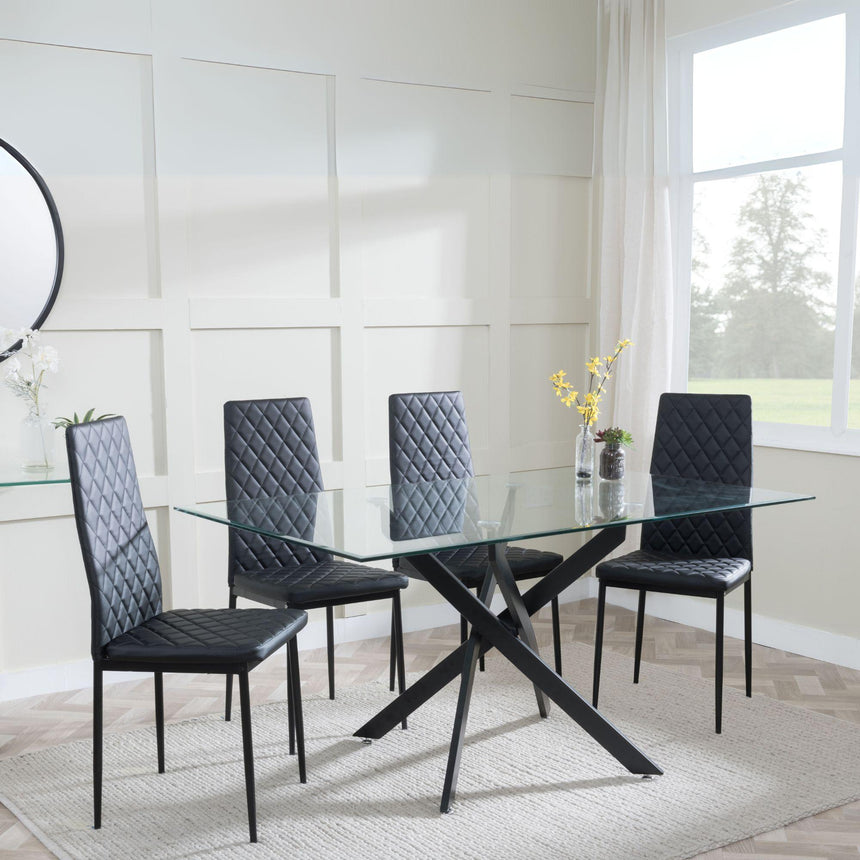 Chopstick Clear Glass and Black Metal Dining Set - Metro Black Leather Chairs with Black Legs-3