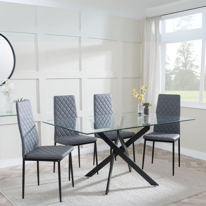 Chopstick Clear Glass and Black Metal Dining Set - Metro Grey Leather Chairs with Black Legs-2