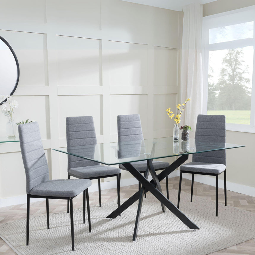 Chopstick Clear Glass and Black Metal Dining Set - Lido Dark Grey Fabric Chairs with Black Legs