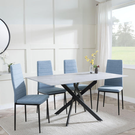 Chopstick Grey Glass and Black Metal Dining Set - Lido Blue Fabric Chairs with Black Legs-4