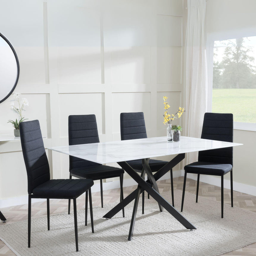 Chopstick White Glass and Black Metal Dining Set - Lido Black Fabric Chairs with Black Legs-3