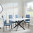 Chopstick White Glass and Black Metal Dining Set - Lido Blue Fabric Chairs with Black Legs