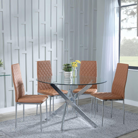 Chopstick Clear Glass and Chrome Metal 4 Seater Round Dining Set - 4 Metro Burnt Orange Leather Chairs with Chrome Legs