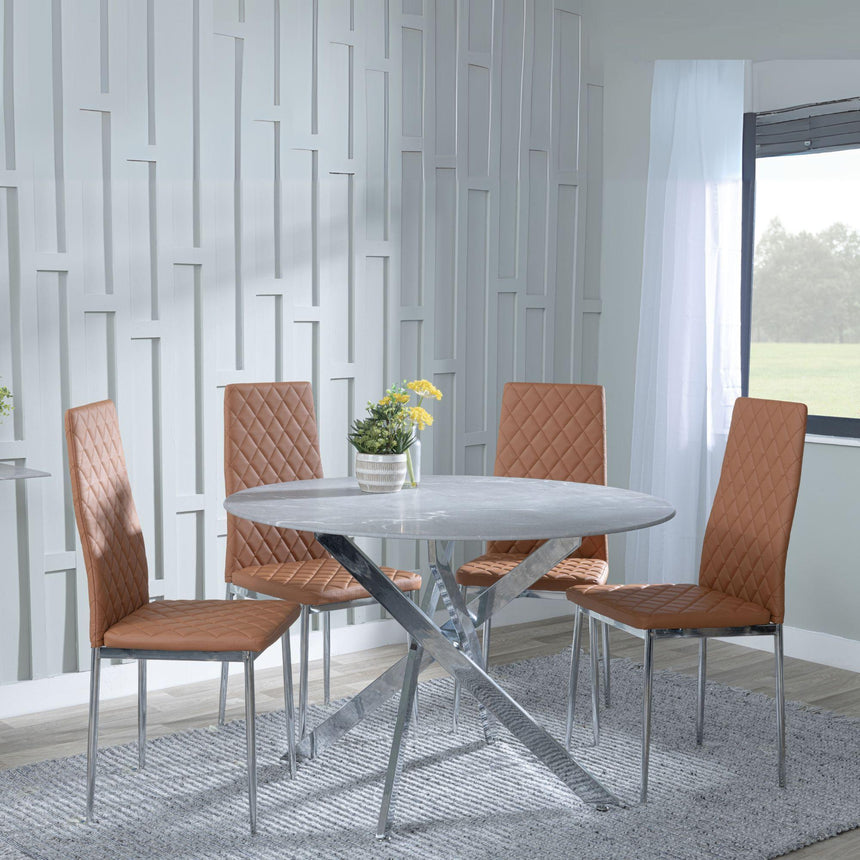 Chopstick Grey Glass and Chrome Metal 4 Seater Round Dining Set - 4 Metro Burnt Orange Leather Chairs with Chrome Legs-6