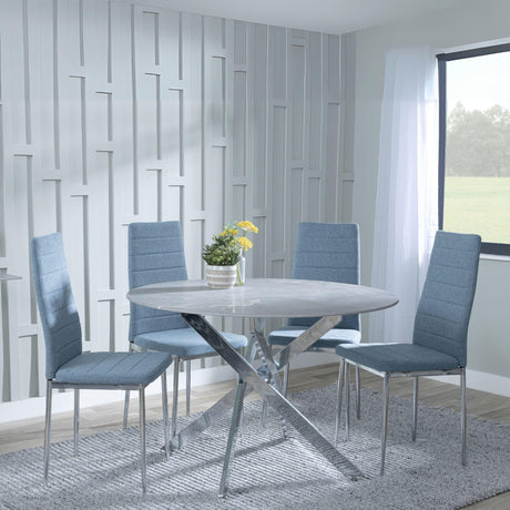 Chopstick Grey Glass and Chrome Metal 4 Seater Round Dining Set - 4 Lido Blue Fabric Chairs with Chrome Legs-4