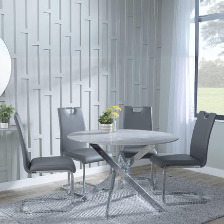 Chopstick Grey Glass and Chrome Metal 4 Seater Round Dining Set - 4 Bianco Grey Faux Leather Dining Chair