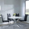 Chopstick White Glass and Chrome Metal 4 Seater Round Dining Set - 4 Bianco Black Faux Leather Dining Chair