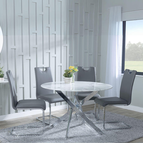 Chopstick White Glass and Chrome Metal 4 Seater Round Dining Set - 4 Bianco Grey Faux Leather Dining Chair-2