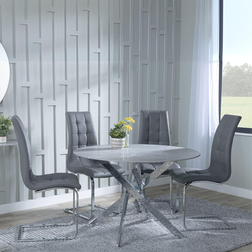 Chopstick Grey Glass and Chrome Metal 4 Seater Round Dining Set - 4 Jamison Grey Faux Leather Dining Chair