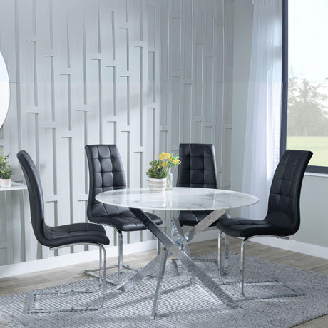 Chopstick White Glass and Chrome Metal 4 Seater Round Dining Set - 4 Jamison Black Faux Leather Dining Chair