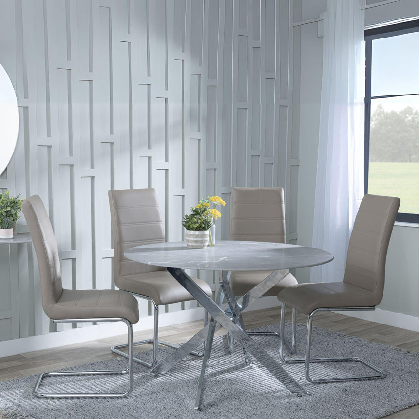 Chopstick Grey Glass and Chrome Metal 4 Seater Round Dining Set - 4 Roma Beige Faux Leather Dining Chair-3