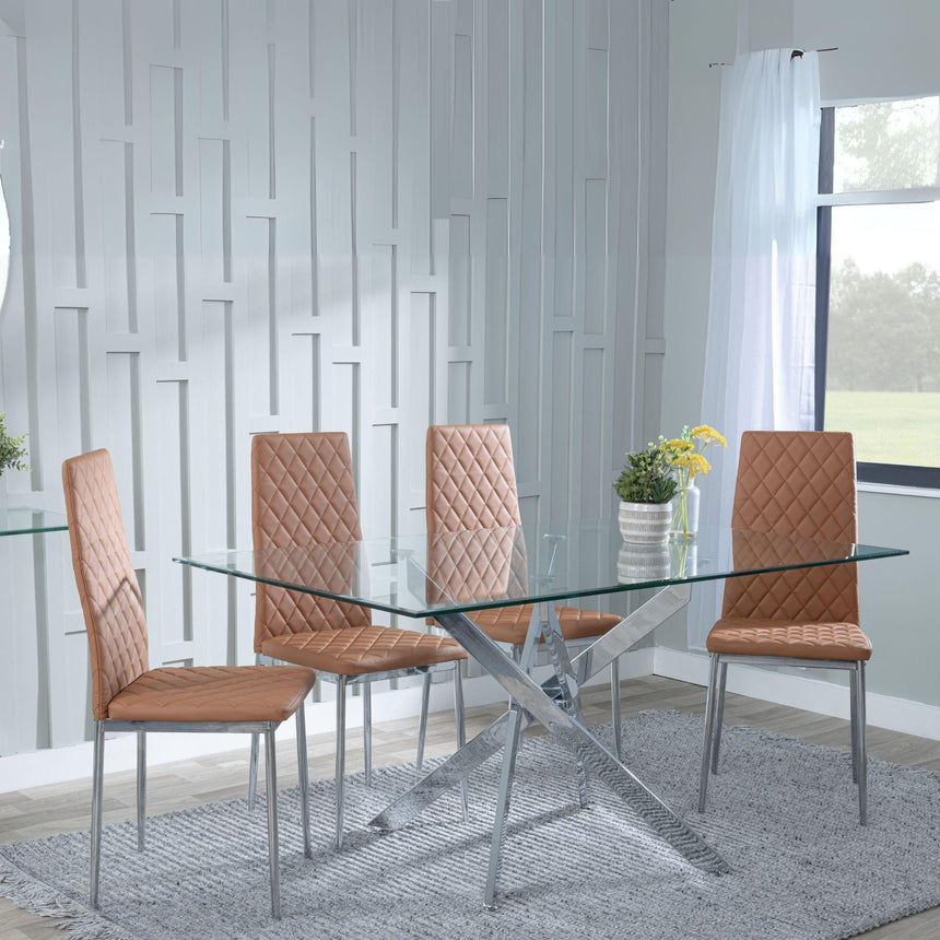 Chopstick Clear Glass and Chrome Metal Dining Set - Metro Burnt Orange Leather Chairs with Chrome Legs-6