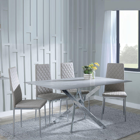 Chopstick Grey Glass and Chrome Metal Dining Set - Metro Beige Leather Chairs with Chrome Legs-5