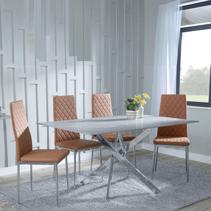 Chopstick Grey Glass and Chrome Metal Dining Set - Metro Burnt Orange Leather Chairs with Chrome Legs-2