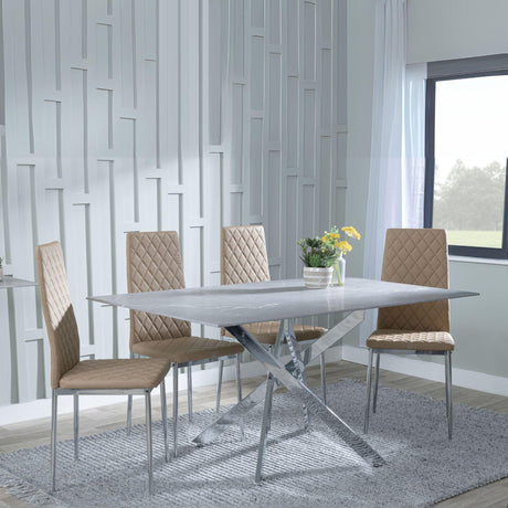 Chopstick Grey Glass and Chrome Metal Dining Set - Metro Cappuccino Leather Chairs with Chrome Legs-6