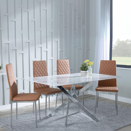 Chopstick White Glass and Chrome Metal Dining Set - Metro Burnt Orange Leather Chairs with Chrome Legs-6