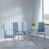 Chopstick Clear Glass and Chrome Metal Dining Set - Lido Blue Fabric Chairs with Chrome Legs