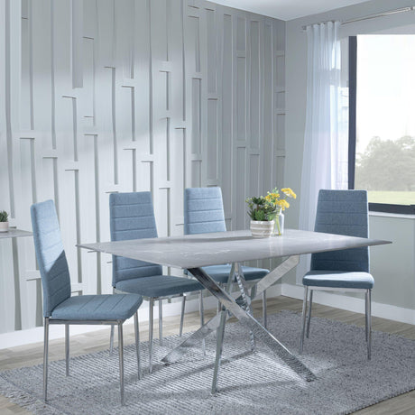 Chopstick Grey Glass and Chrome Metal Dining Set - Lido Blue Fabric Chairs with Chrome Legs-4