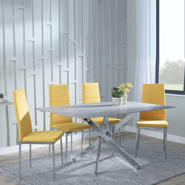 Chopstick Grey Glass and Chrome Metal Dining Set - Lido Yellow Fabric Chairs with Chrome Legs