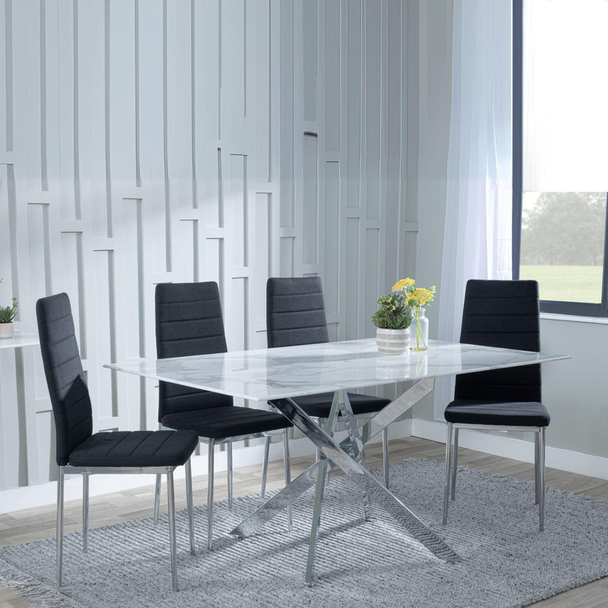 Chopstick White Glass and Chrome Metal Dining Set - Lido Black Fabric Chairs with Chrome Legs