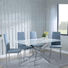 Chopstick White Glass and Chrome Metal Dining Set - Lido Blue Fabric Chairs with Chrome Legs-3