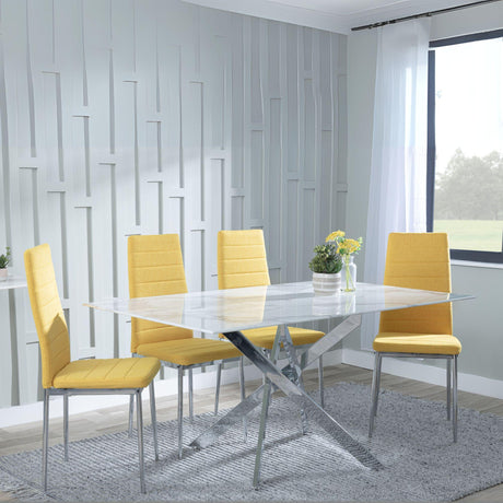 Chopstick White Glass and Chrome Metal Dining Set - Lido Yellow Fabric Chairs with Chrome Legs-5