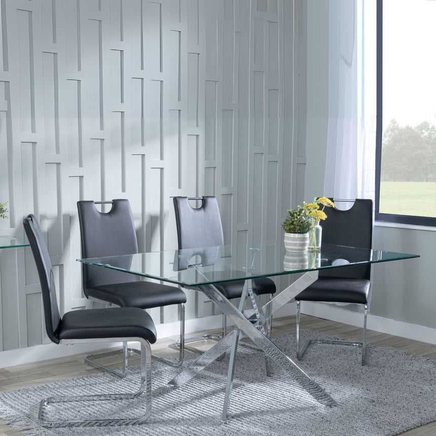 Chopstick Clear Glass and Chrome Metal Dining Set - Bianco Black Faux Leather Dining Chair-2