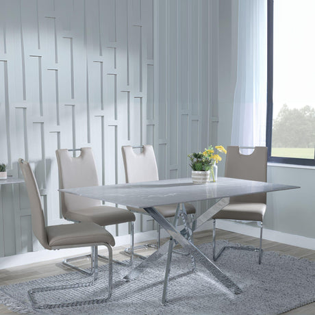 Chopstick Grey Glass and Chrome Metal Dining Set - Bianco Beige Faux Leather Dining Chair-3