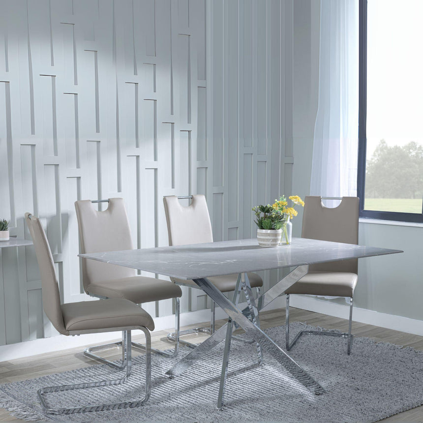 Chopstick Grey Glass and Chrome Metal Dining Set - Bianco Beige Faux Leather Dining Chair-3