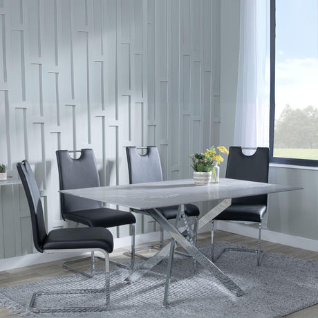 Chopstick Grey Glass and Chrome Metal Dining Set - Bianco Black Faux Leather Dining Chair-2