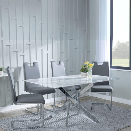 Chopstick White Glass and Chrome Metal Dining Set - Bianco Grey Faux Leather Dining Chair-2