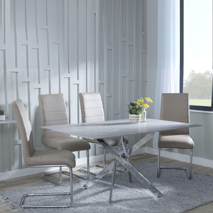 Chopstick Grey Glass and Chrome Metal Dining Set - Roma Beige Faux Leather Dining Chair-3