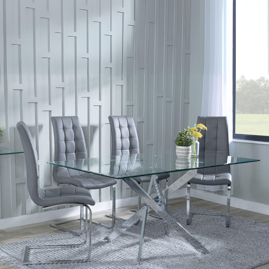 Chopstick Clear Glass and Chrome Metal Dining Set - Jamison Grey Faux Leather Dining Chair-3