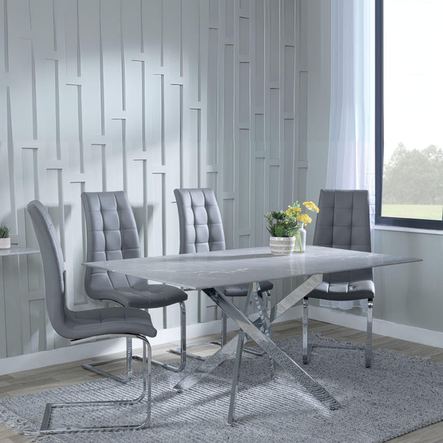 Chopstick Grey Glass and Chrome Metal Dining Set - Jamison Grey Faux Leather Dining Chair