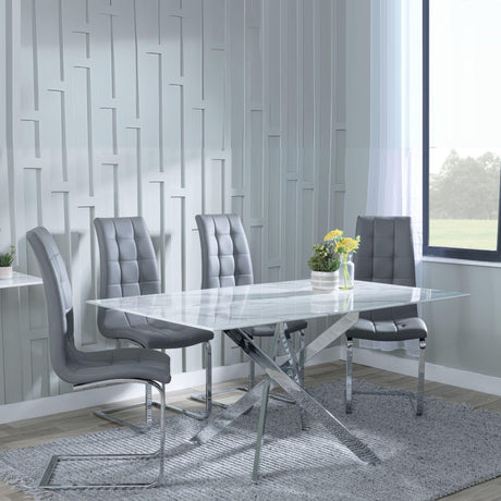 Chopstick White Glass and Chrome Metal Dining Set - Jamison Grey Faux Leather Dining Chair-2