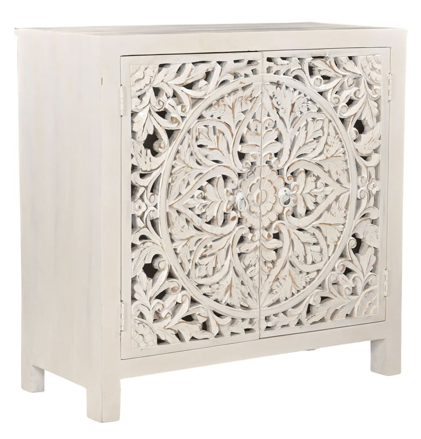 Boho White Carved Compact Small Sideboard - 89cm-3