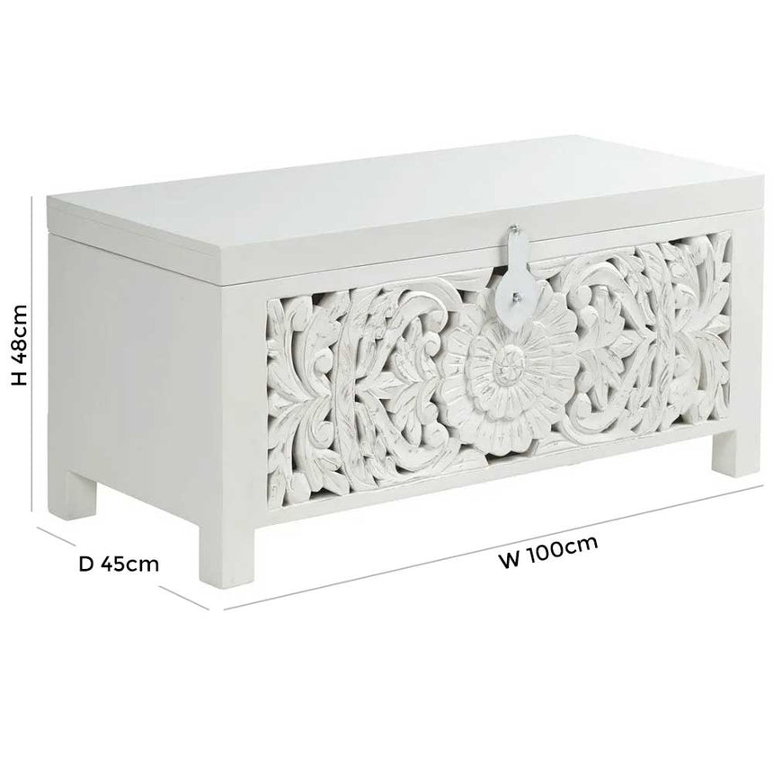 Boho White Carved Blanket Box - 1 Door-7