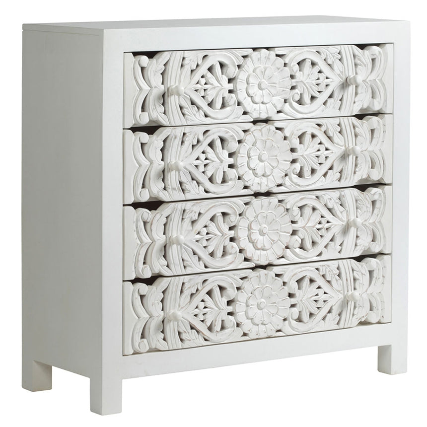 Boho White Carved Chest - 4 Drawers-2