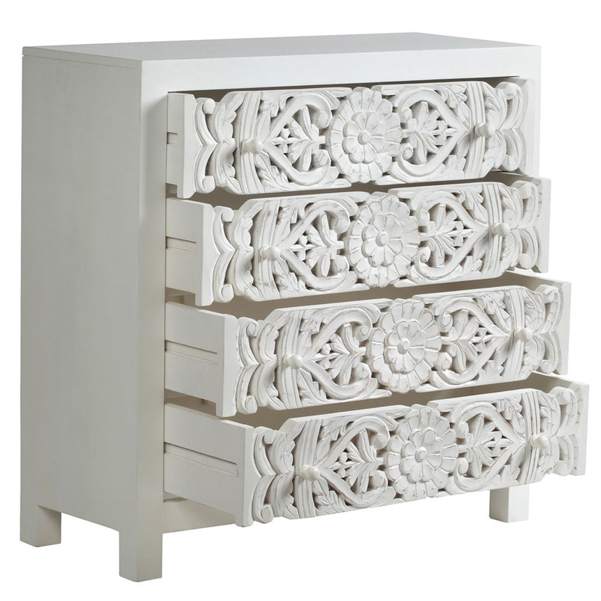 Boho White Carved Chest - 4 Drawers-3