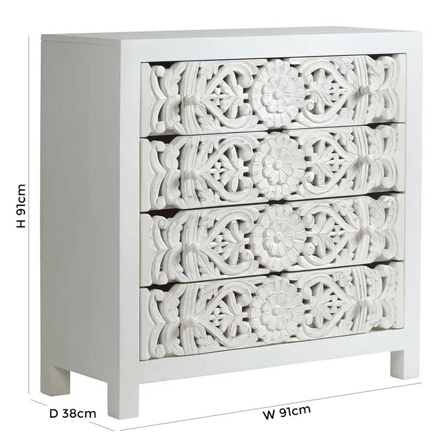 Boho White Carved Chest - 4 Drawers-8