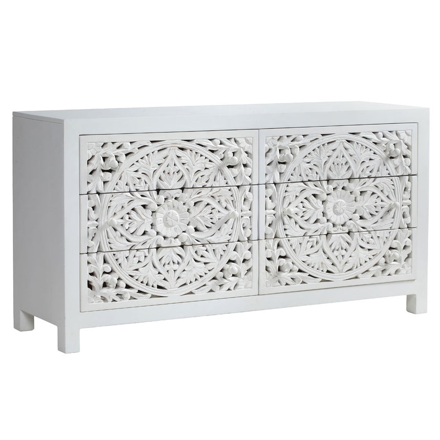 Boho White Carved Chest - 6 Drawers-2