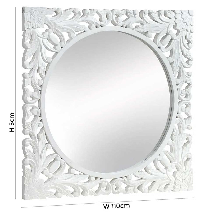 Boho White Carved Square Wall Mirror - 110cm x 110cm-5