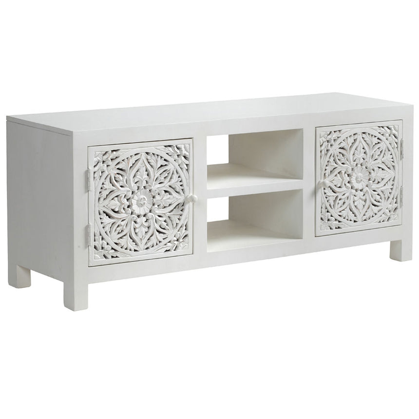 Boho White Carved TV Unit - 2 Doors-2