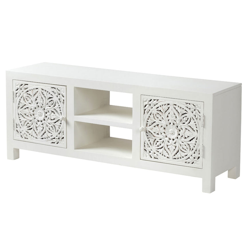 Boho White Carved TV Unit - 2 Doors-5