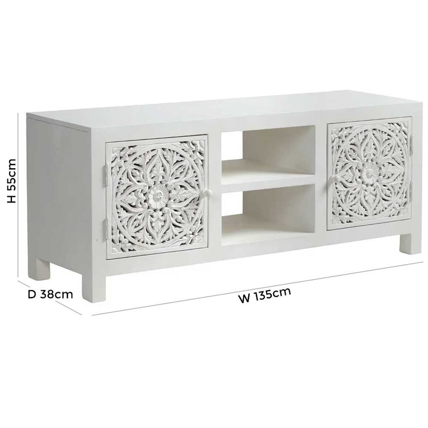 Boho White Carved TV Unit - 2 Doors-8