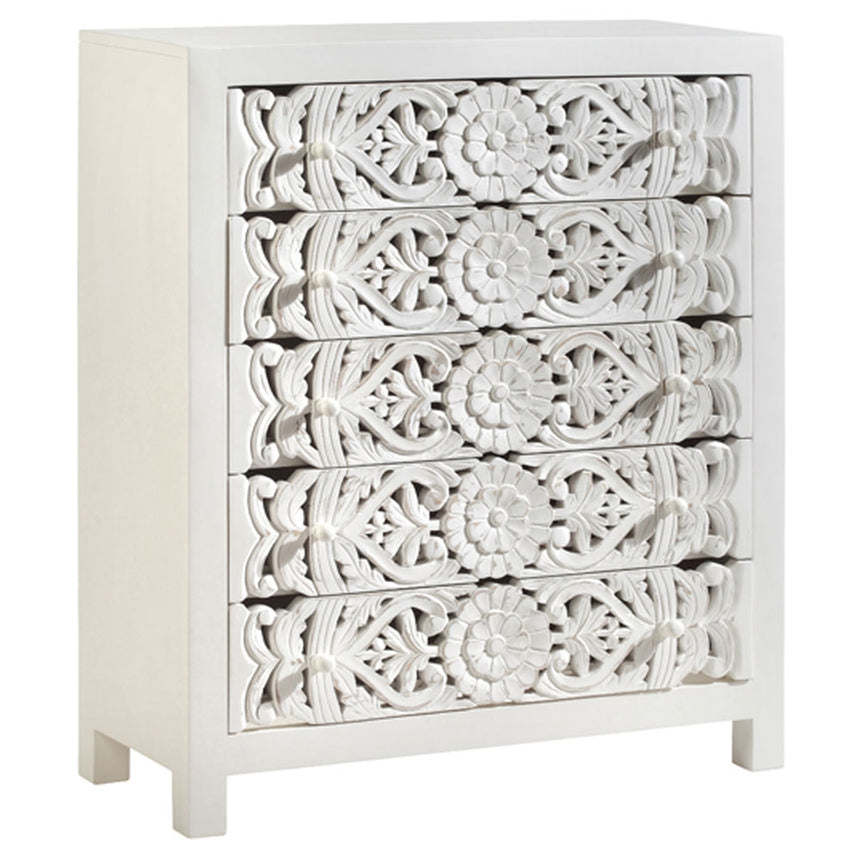 Boho White Carved Tall Chest - 5 Drawers-2