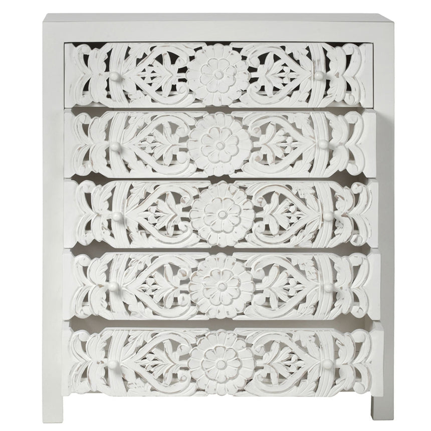 Boho White Carved Tall Chest - 5 Drawers-3